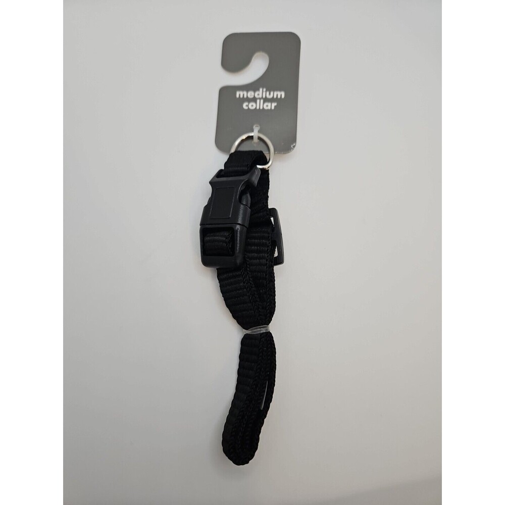 Dog Collar Size M Medium Plain Black Pet Adjustable Nylon Buckle Puppy 10-16 In.